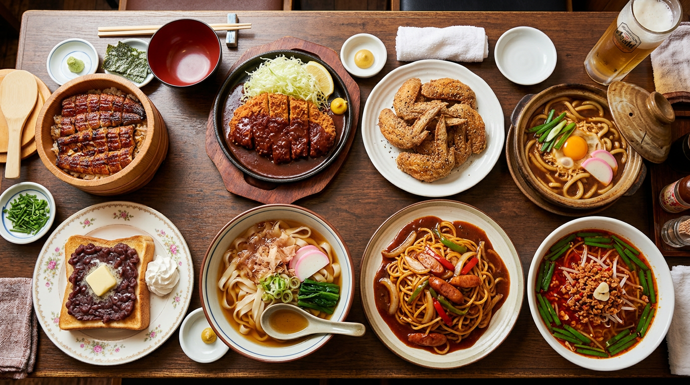 A top-down view of eight Nagoya specialty dishes arranged on a wooden table — nagoya food guide
