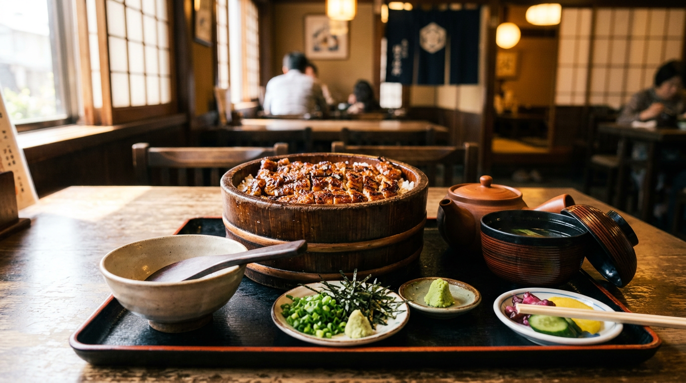 Hitsumabushi grilled eel rice in a wooden ohitsu tub at Atsuta Horaiken