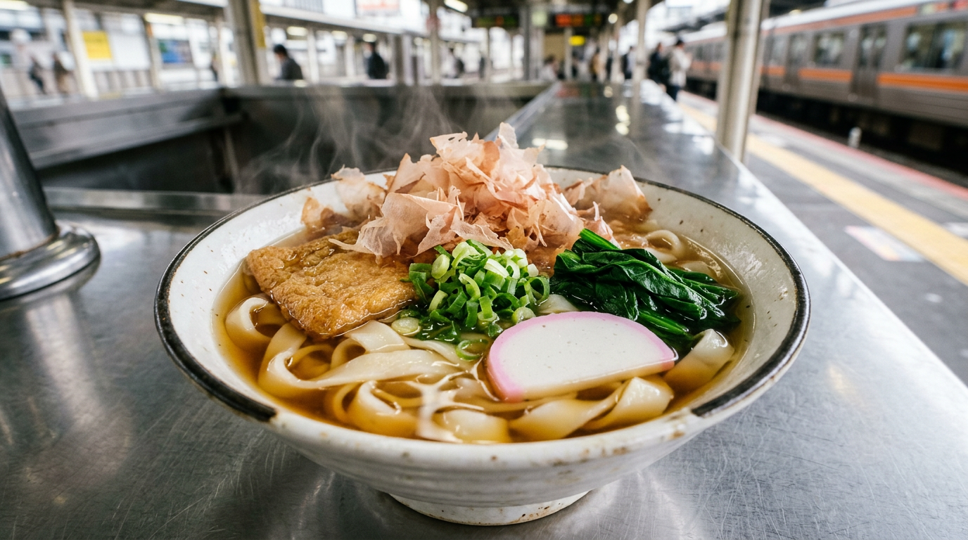 Kishimen flat noodles with bonito flakes at the standing noodle shop on JR Nagoya Station platform