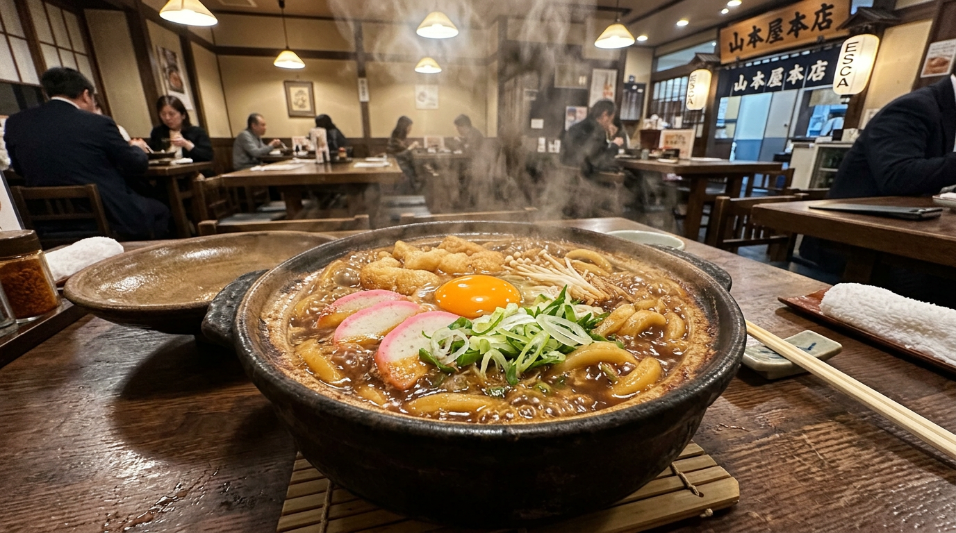 Miso nikomi udon bubbling in an earthenware pot at Yamamoto-ya Honten