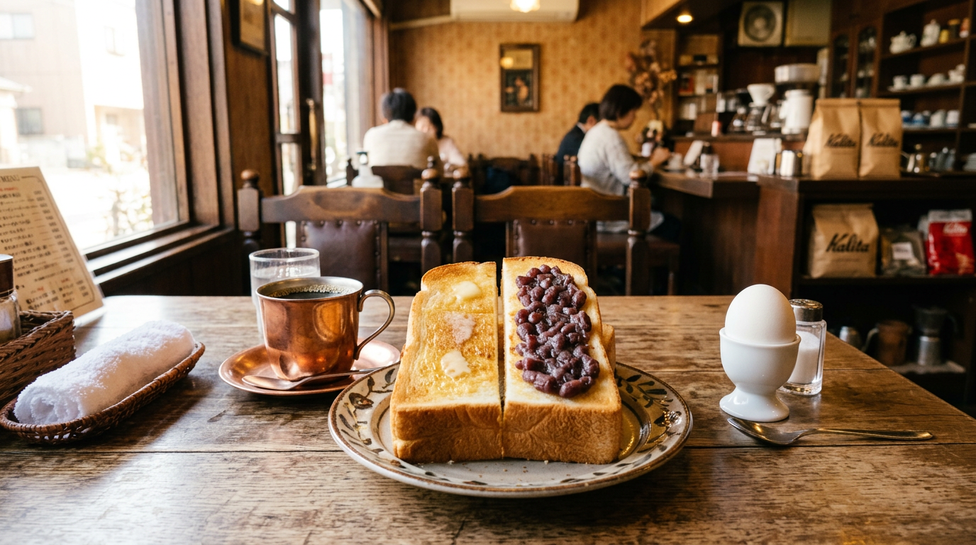 Ogura toast with red bean paste and butter as part of a Nagoya morning set with coffee