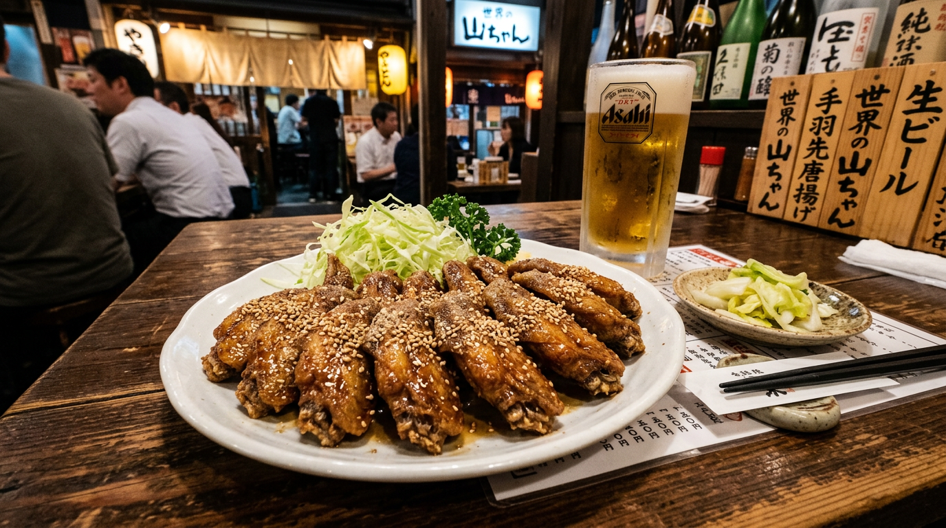 Nagoya-style tebasaki fried chicken wings with sesame seeds on a white plate